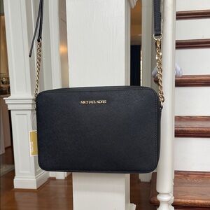 Michael Kors Black Saffiano Crossbody with Gold Chain